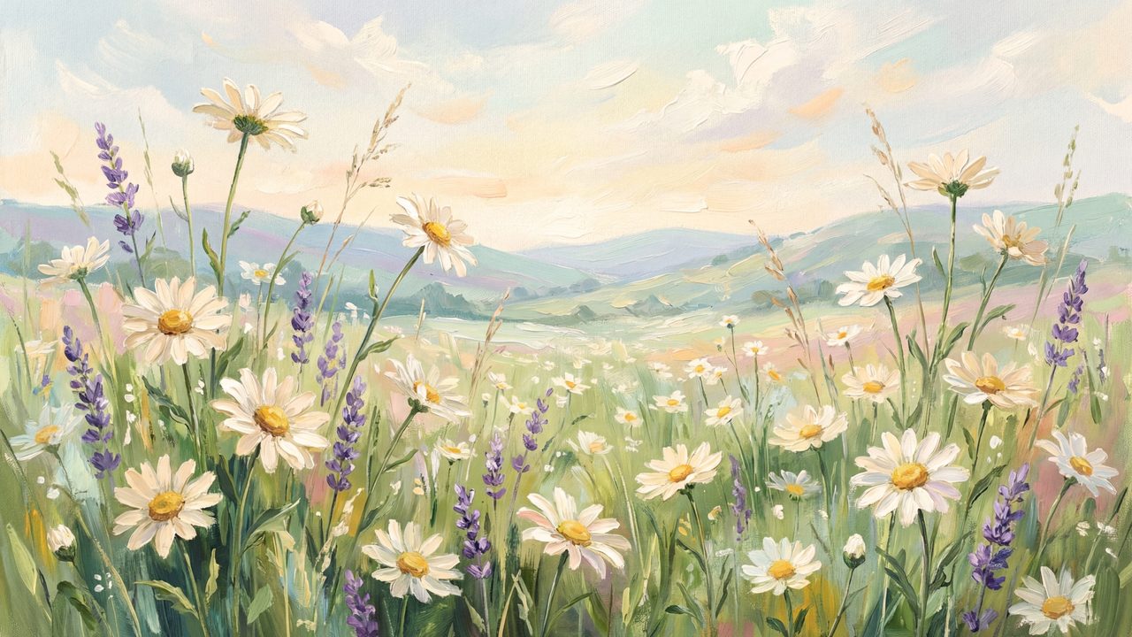 Spring Frame TV Art, Vintage Floral Landscape Oil Painting (Daisy and Lavender Field)