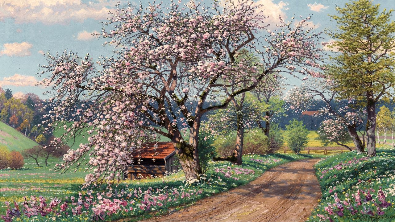 Spring Frame TV Art, Vintage Floral Landscape Oil Painting (Blossoming Tree by Country Lane)