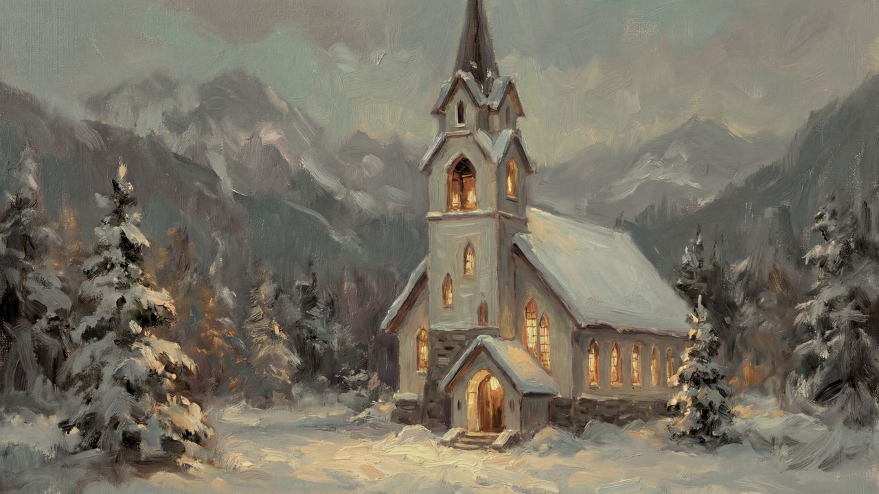 Christmas Frame TV Art, Vintage Holiday Oil Painting (Lit Church in Mountain Valley)