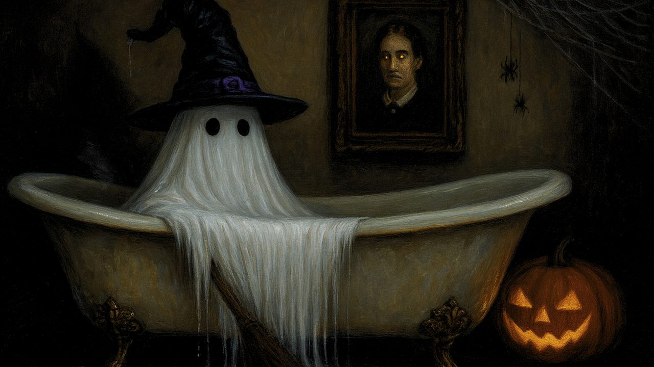 Halloween Frame TV Art, Vintage Moody Oil Painting (Ghost in Clawfoot Tub)