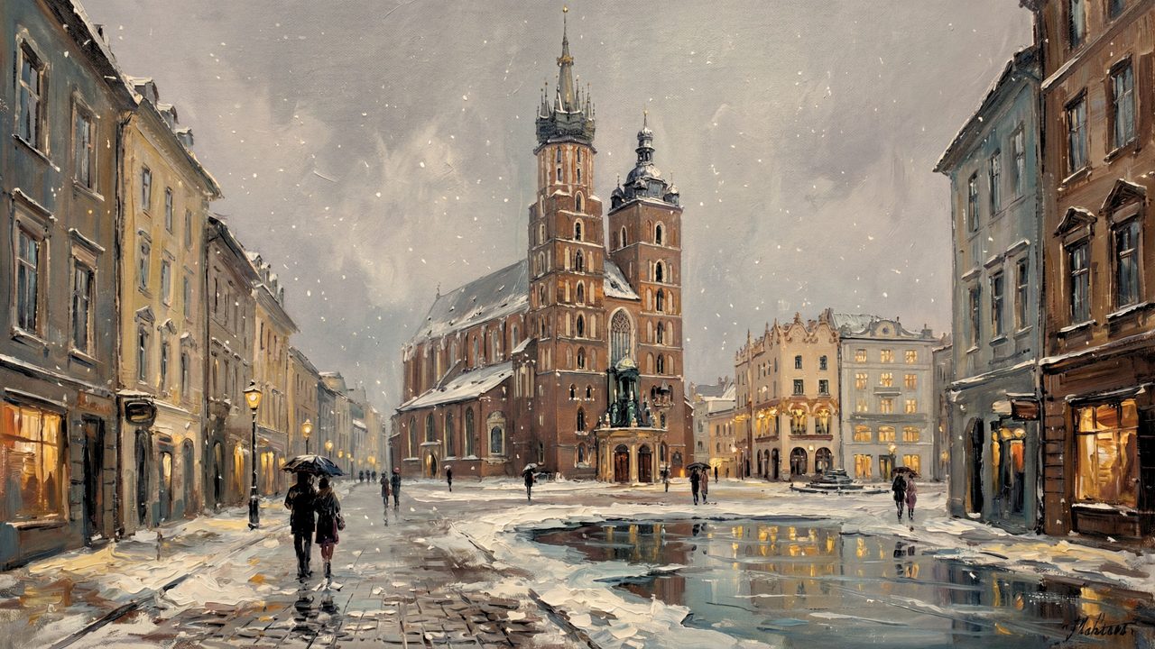Christmas Frame TV Art, Vintage Holiday Oil Painting (Snowy Market Square Church)
