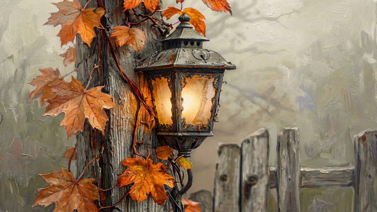 Fall Frame TV Art, Vintage Autumn Oil Painting (Lantern with Maple Leaves)