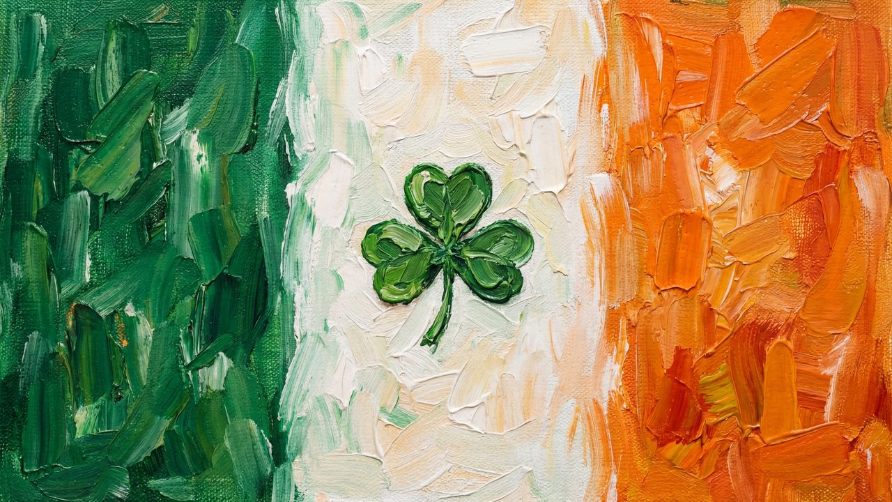 Ireland Flag Samsung Frame TV Art, St. Patrick’s Day Lucky Shamrock Decor, Impressionist Irish Heritage Oil Painting, 4K