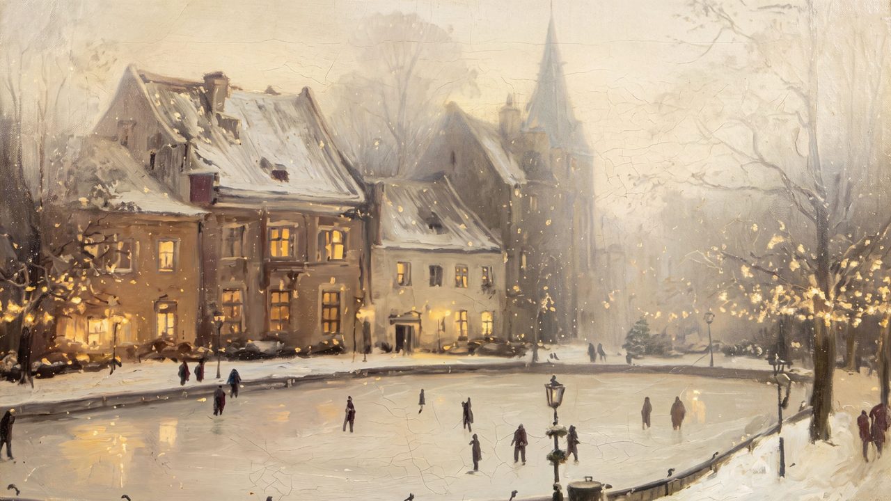 Christmas Frame TV Art, Vintage Holiday Oil Painting (Skating Pond in Snowy Town)
