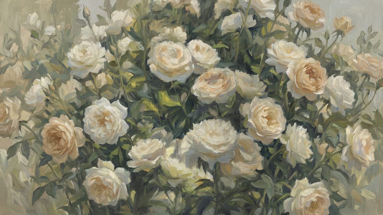 Vintage Frame TV Art, Antique Landscape Oil Painting (White Rose Bush)