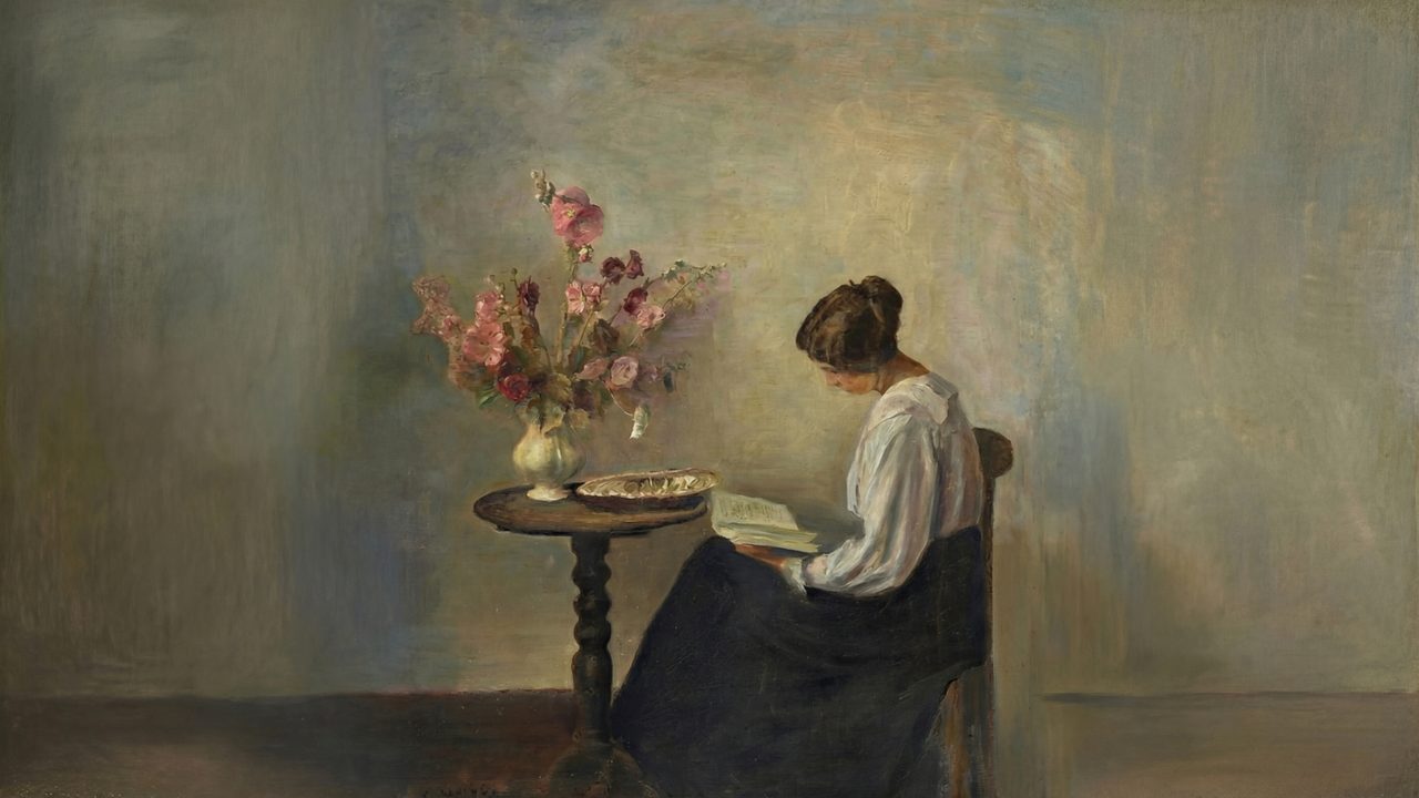 Vintage Frame TV Art, Antique Landscape Oil Painting (Woman Reading by Flowers)