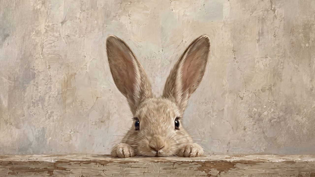 Easter Frame TV Art, Pastel Spring Oil Painting (Bunny Peeking over Ledge)