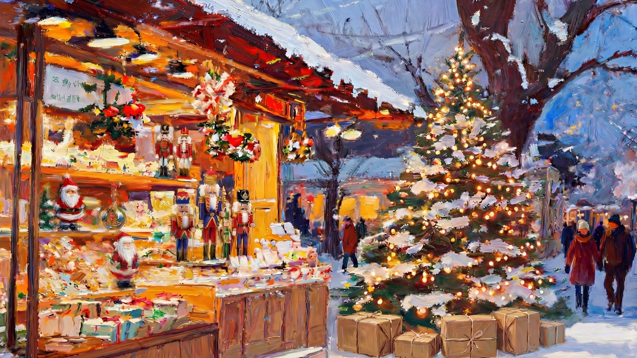 Christmas Market Frame TV Art – Cozy Holiday Village with Nutcrackers