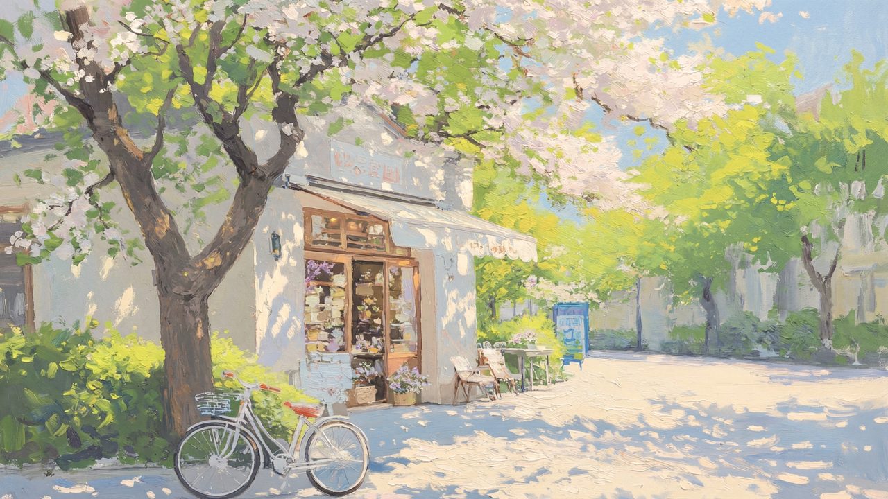 Spring Frame TV Art, Vintage Floral Landscape Oil Painting (Bicycle by Shop Under Tree)