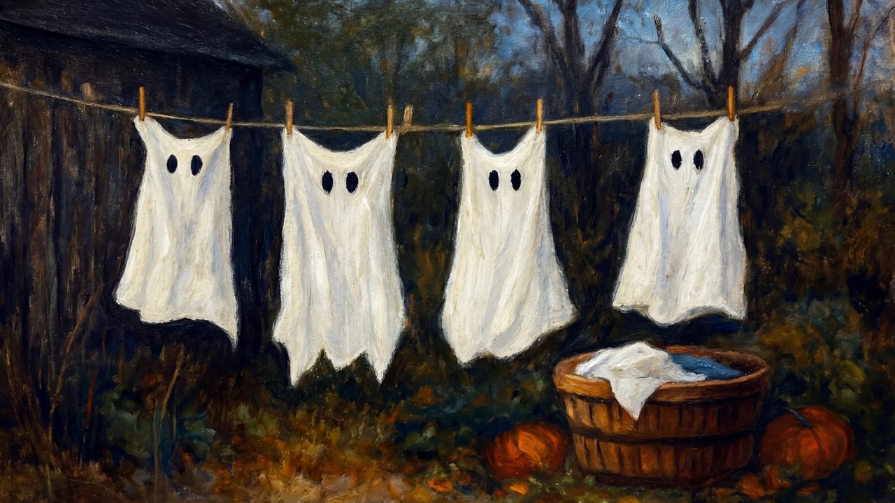 Halloween Frame TV Art, Vintage Moody Oil Painting (Ghost Sheets on Clothesline 2)