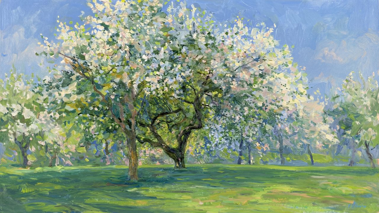 Spring Frame TV Art, Vintage Floral Landscape Oil Painting (White Blossom Apple Trees)
