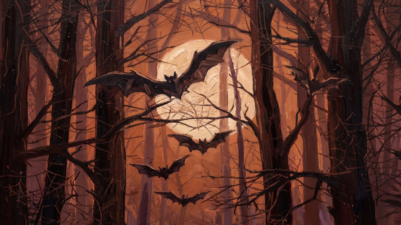 Halloween Frame TV Art, Vintage Moody Oil Painting (Bats in Orange Forest)
