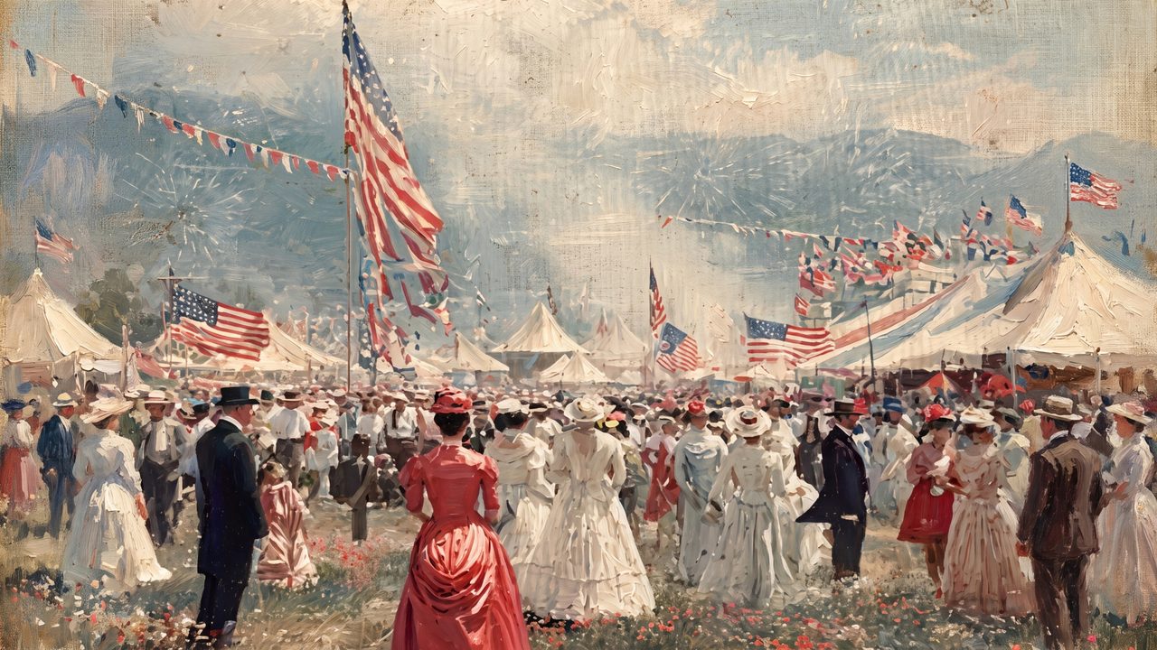 4th of July Frame TV Art, Patriotic American Oil Painting (Independence Day Fair Crowd)