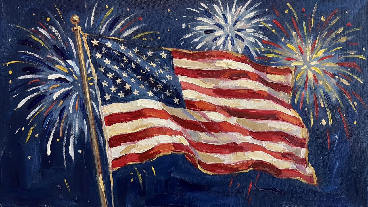 4th of July Frame TV Art, Patriotic American Oil Painting (Flag with Bursting Fireworks)