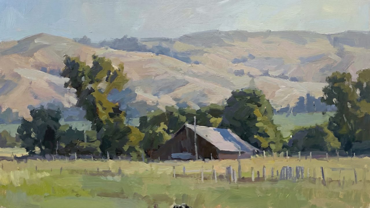 Vintage Frame TV Art, Antique Landscape Oil Painting (Barn in Green Valley)