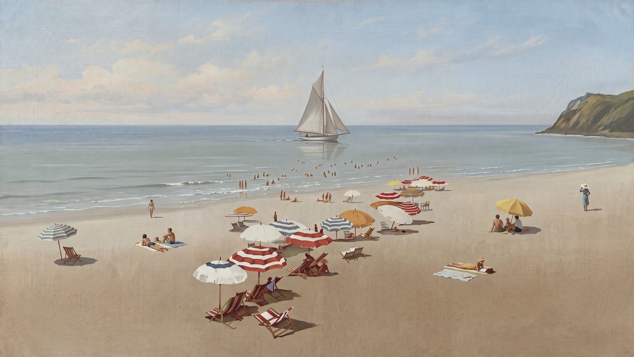 Summer Frame TV Art, Coastal Beach Oil Painting (Crowded Beach with Umbrellas)