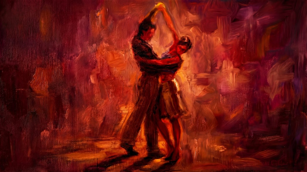 Valentine Frame TV Art, Romantic Vintage Oil Painting (Couple Dancing in Red)