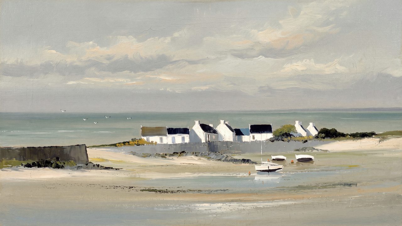 Summer Frame TV Art, Coastal Beach Oil Painting (White Village on Coast)