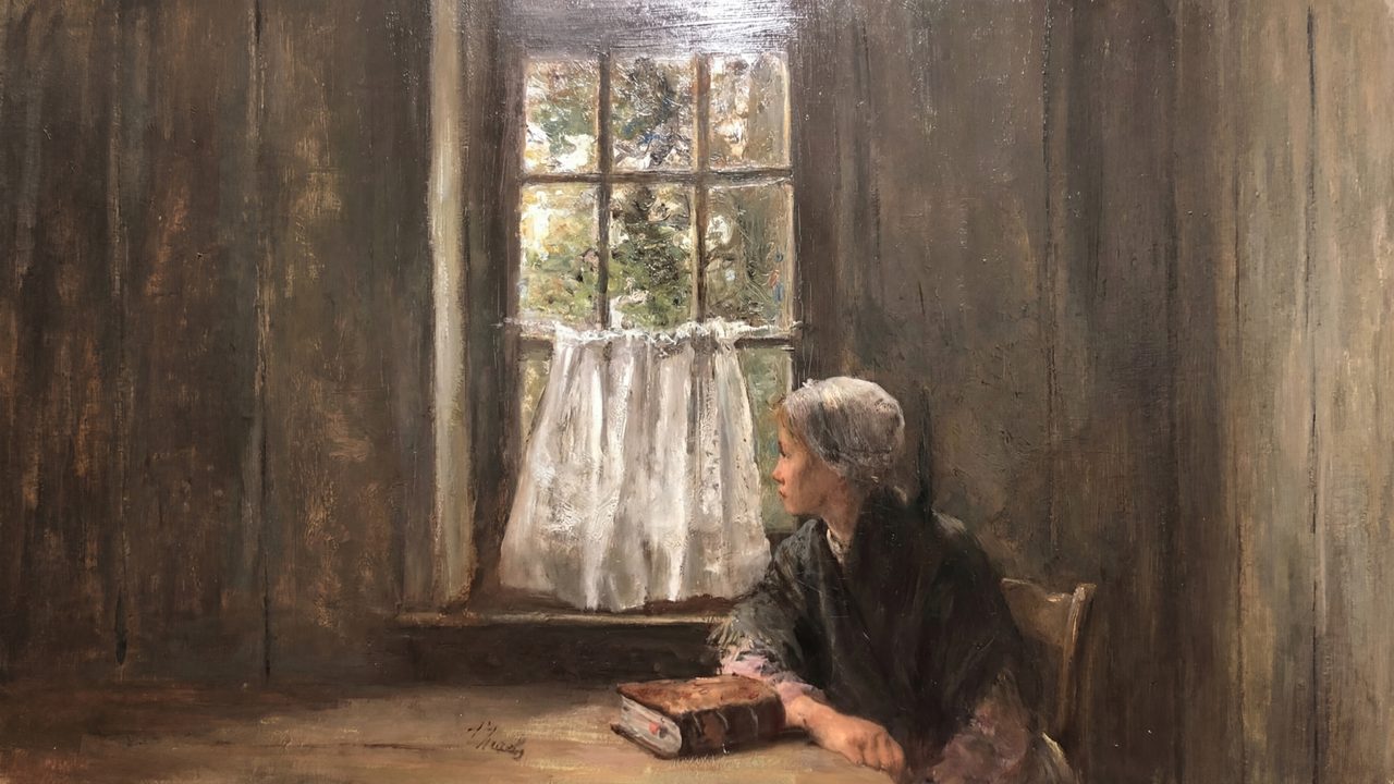 Vintage Frame TV Art, Antique Landscape Oil Painting (Woman Reading by Window)