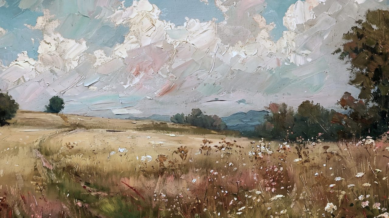 Vintage Frame TV Art, Antique Landscape Oil Painting (Golden Meadow Under Clouds)