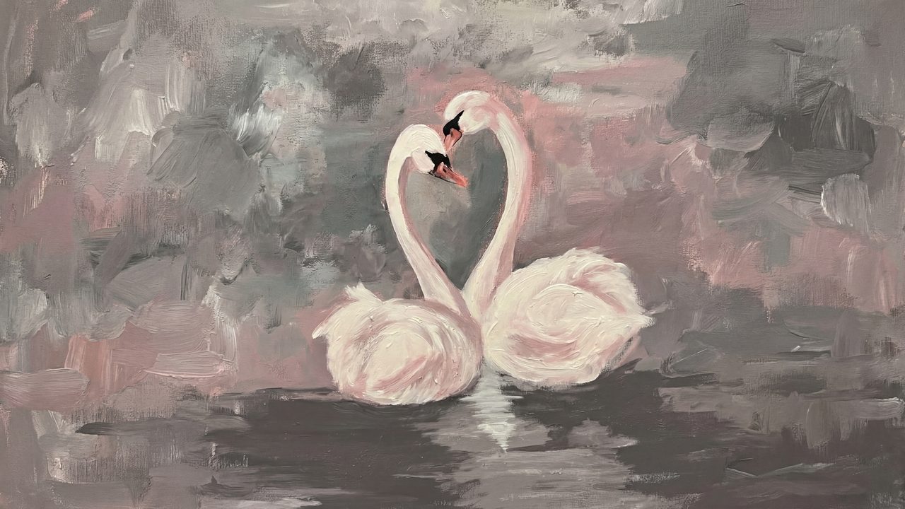 Romantic Swan Couple Samsung Frame TV Art, Abstract Love Heart Symbol, Impressionist Oil Painting