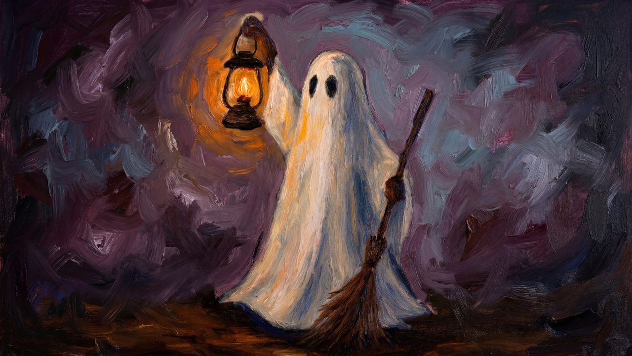 Halloween Frame TV Art, Vintage Moody Oil Painting (Ghost with Lantern and Broom)