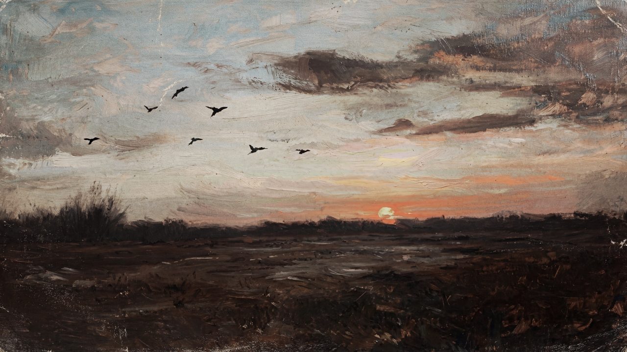 Vintage Frame TV Art, Antique Landscape Oil Painting (Birds Over Marsh at Sunset)