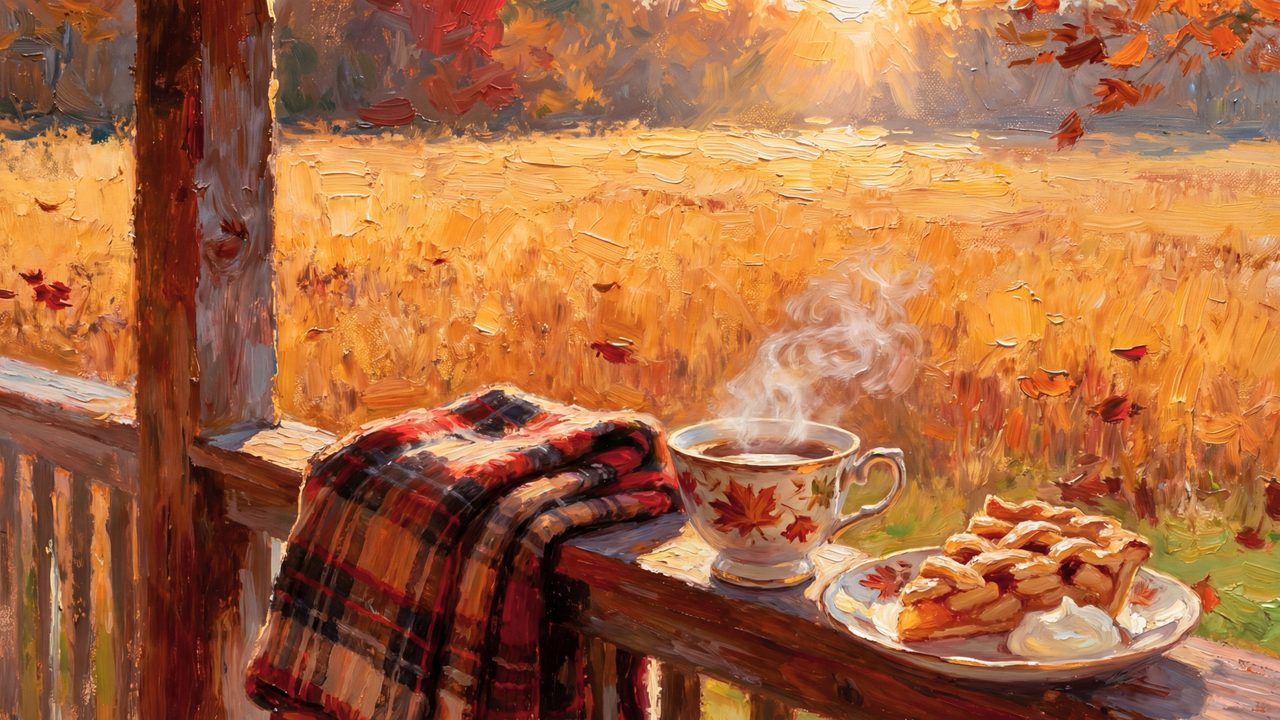 Fall Frame TV Art, Vintage Autumn Oil Painting (Plaid Blanket and Tea on Porch)