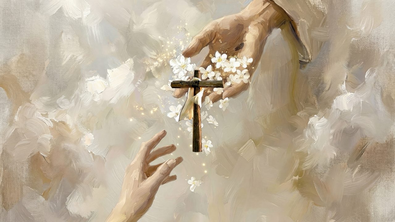 Christian Frame TV Art, Jesus Religious Oil Painting (Hand Offering Cross)