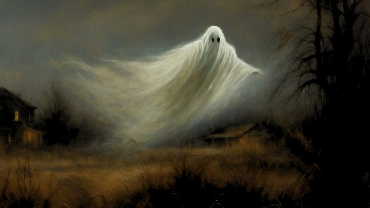 Halloween Frame TV Art, Vintage Moody Oil Painting (Ghost Floating over Field)