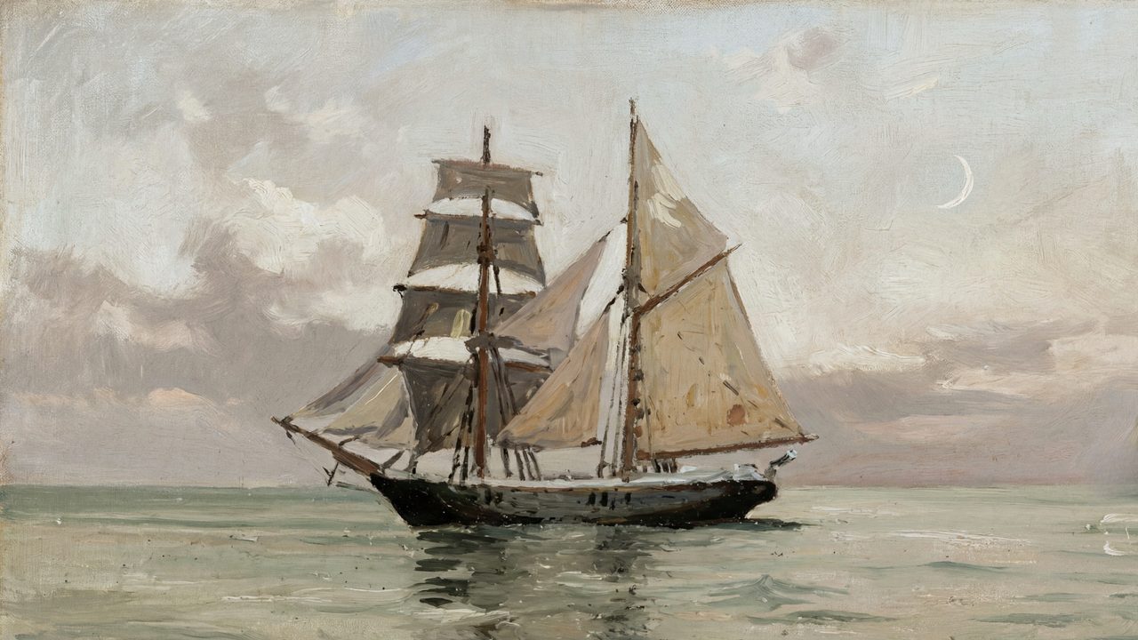 Vintage Frame TV Art, Antique Landscape Oil Painting (Tall Ship at Sea)