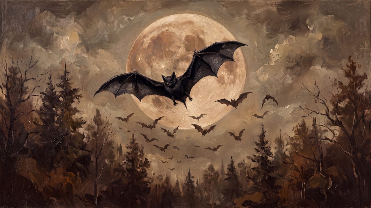 Fall Frame TV Art, Vintage Autumn Oil Painting (Bat Before Harvest Moon)