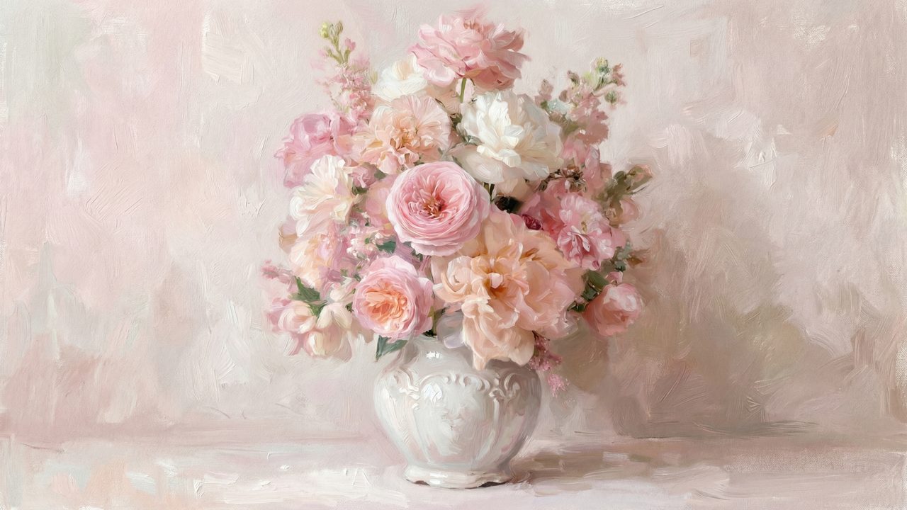 Valentine Frame TV Art, Romantic Vintage Oil Painting (Pink Roses in White Vase)