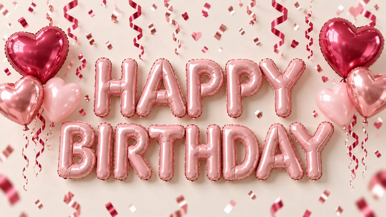 Happy Birthday Frame TV Art, Colorful Party TV Background (Happy Birthday Pink Hearts)