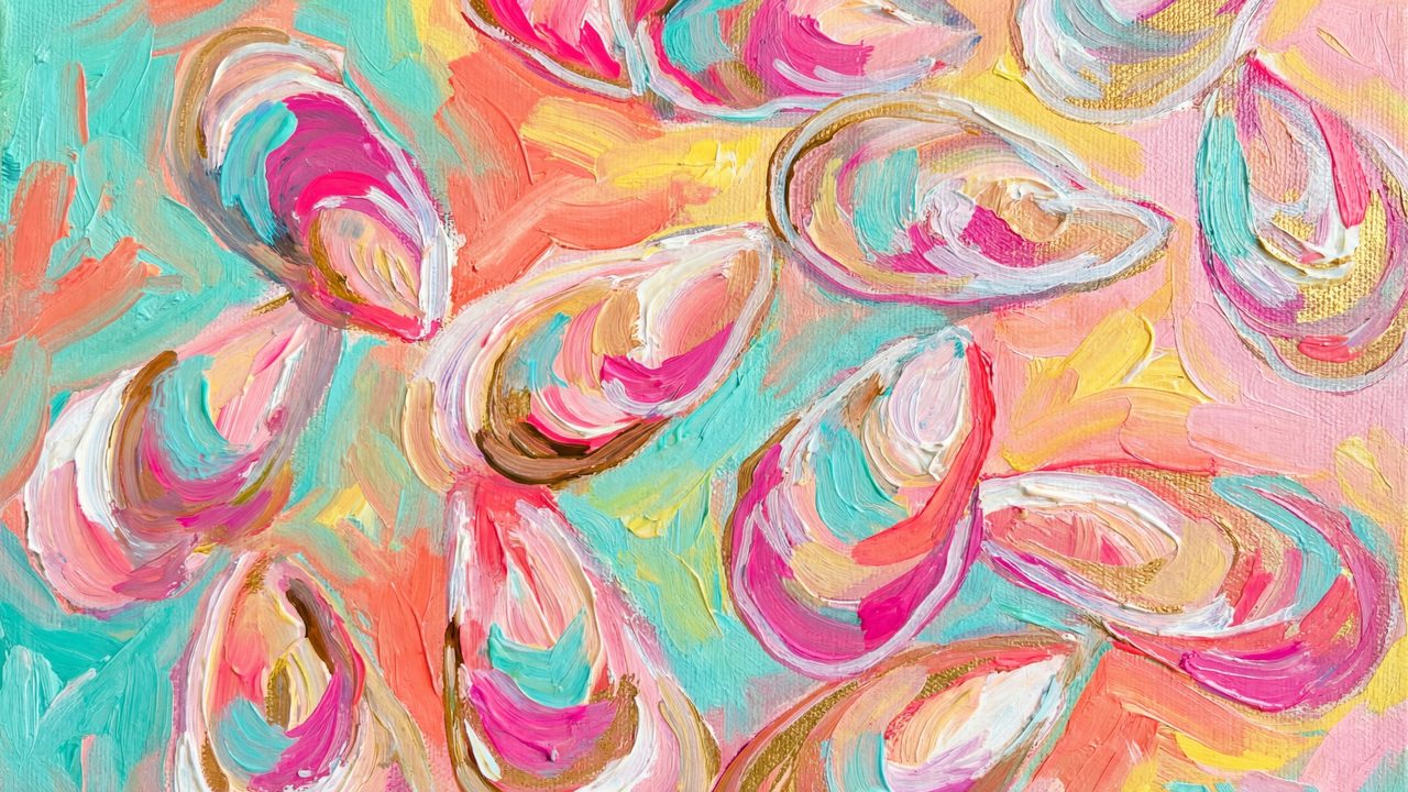 Summer Frame TV Art, Coastal Beach Oil Painting (Pink Abstract Oyster Shells)