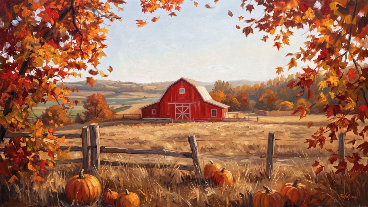 Fall Frame TV Art, Vintage Autumn Oil Painting (Red Barn in Autumn Field)
