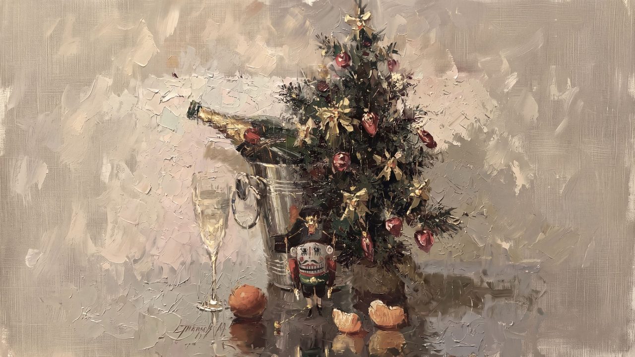 Christmas Frame TV Art, Vintage Holiday Oil Painting (Christmas Tree with Champagne)