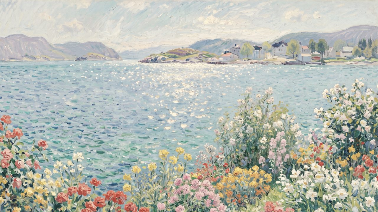 Summer Frame TV Art, Coastal Beach Oil Painting (Flowered Shore by Bay)