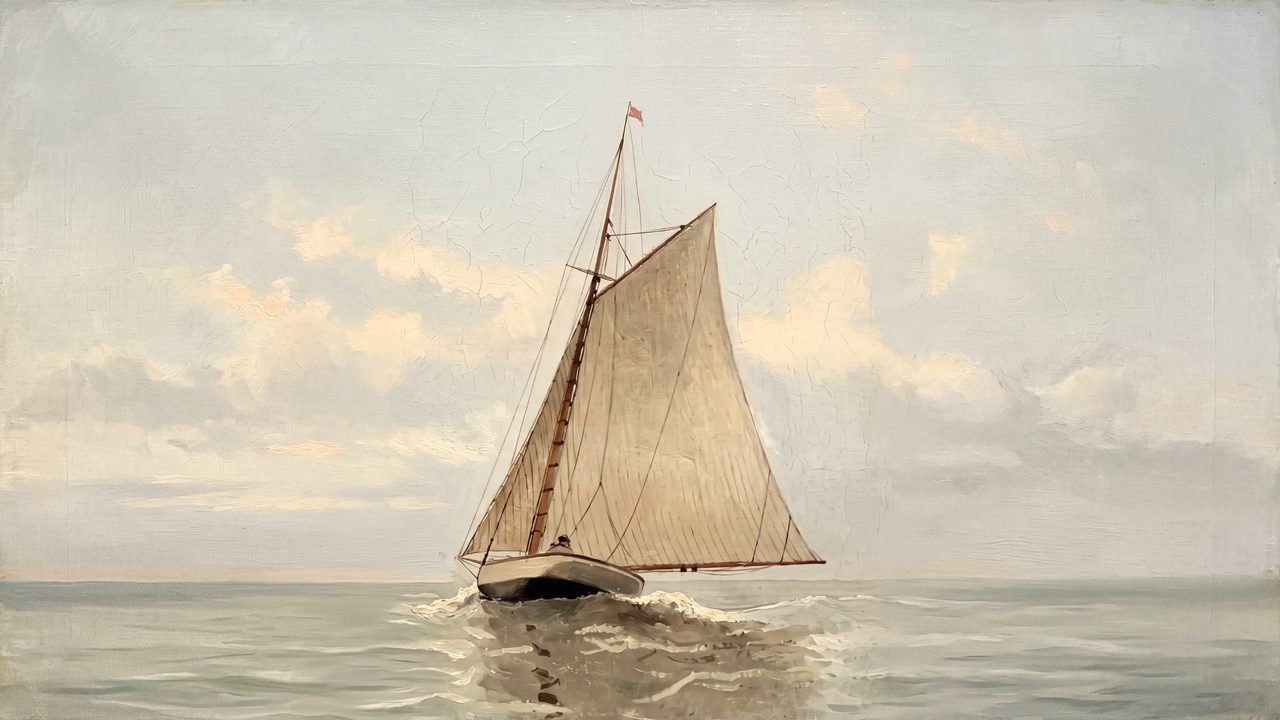 Nautical Frame TV Art, Coastal Oil Painting (Sloop on Calm Sea)