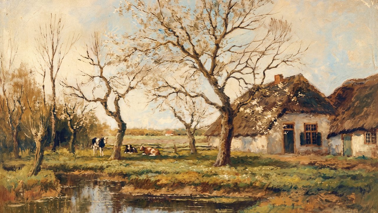 Fall Frame TV Art, Vintage Autumn Oil Painting (Thatched Farmhouse by Pond)