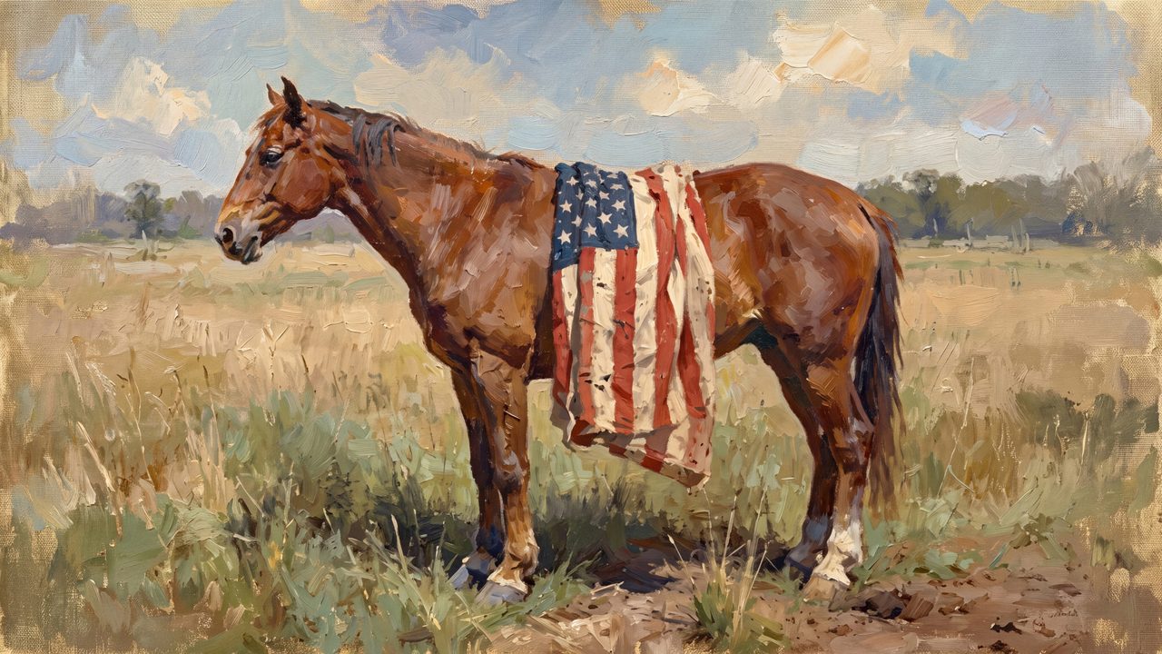 4th of July Frame TV Art, Patriotic American Oil Painting (Horse Draped in American Flag)