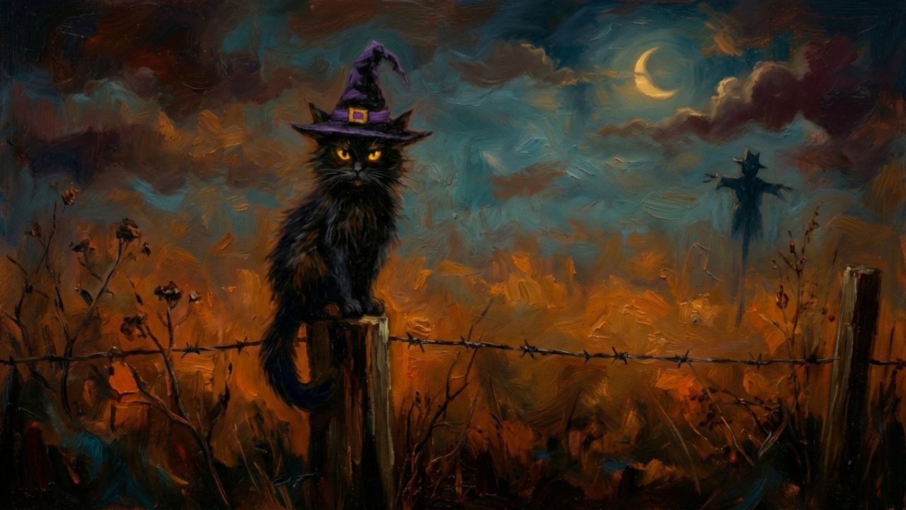 Halloween Frame TV Art, Vintage Moody Oil Painting (Black Cat on Fence Post)