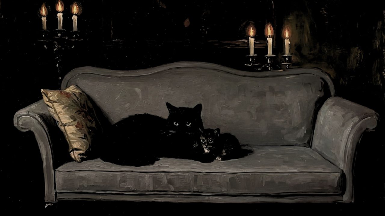 Halloween Frame TV Art, Vintage Moody Oil Painting (Black Cats on Velvet Sofa)