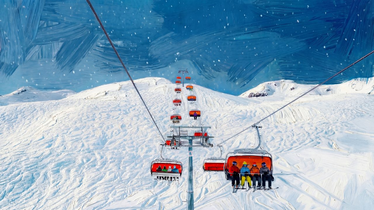 Ski Lift Winter Landscape Samsung Frame TV Art • Snowy Mountain Chairlift Scene • Alpine Travel Wall Art • Minimal
