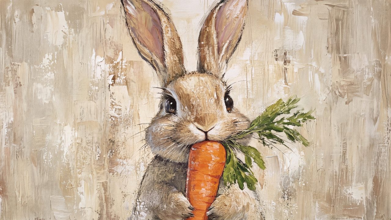 Easter Frame TV Art, Pastel Spring Oil Painting (Bunny Eating Carrot)