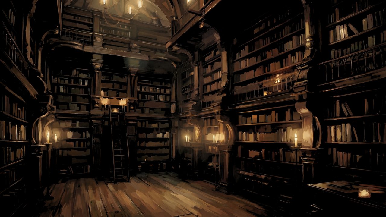 Dark Academia Frame TV Art, Moody Vintage Oil Painting (Candlelit Library Interior)