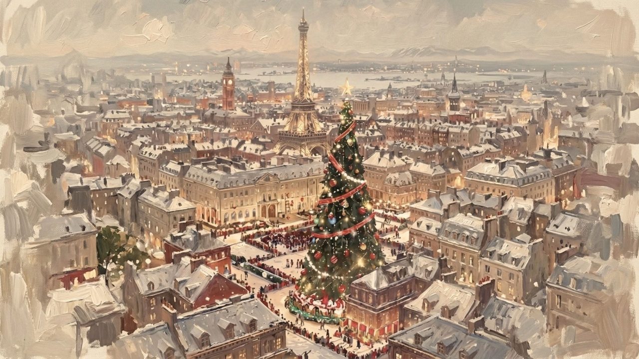 Christmas Frame TV Art, Vintage Holiday Oil Painting (City Christmas Tree Aerial)