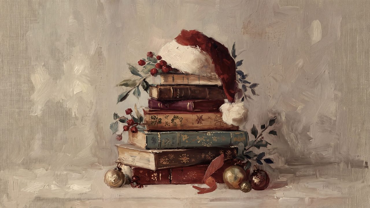 Christmas Frame TV Art, Vintage Holiday Oil Painting (Books with Santa Hat)