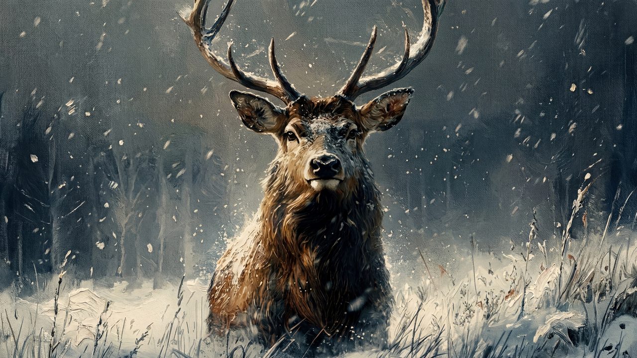 Samsung Frame TV Art Winter Deer • Rustic Woodland Stag Painting • Nordic Christmas Cabin Decor • Cozy Winter Wall Art