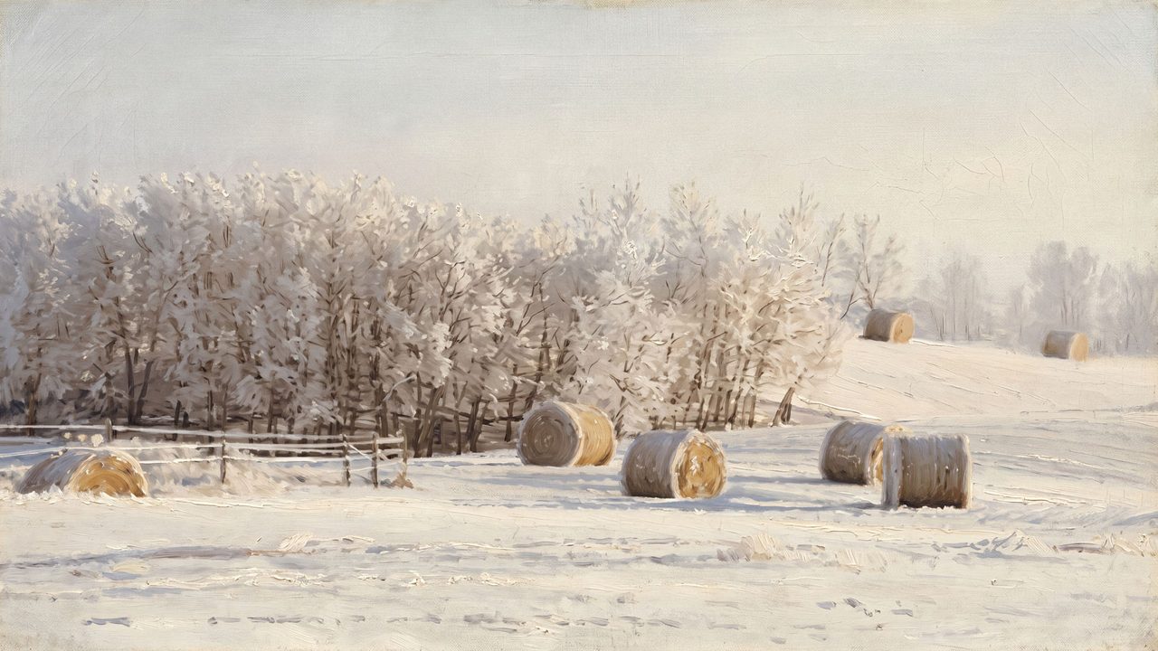 Christmas Frame TV Art, Vintage Holiday Oil Painting (Hay Bales in Snowy Field)